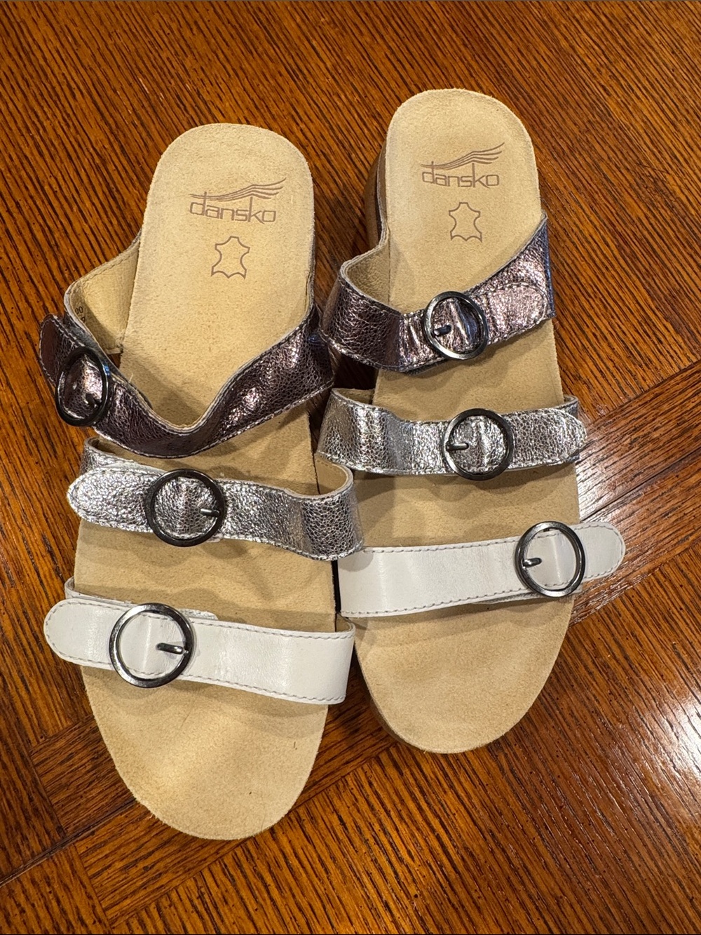 Dansko Three-Band Metallic and White Buckle Slide Sandals